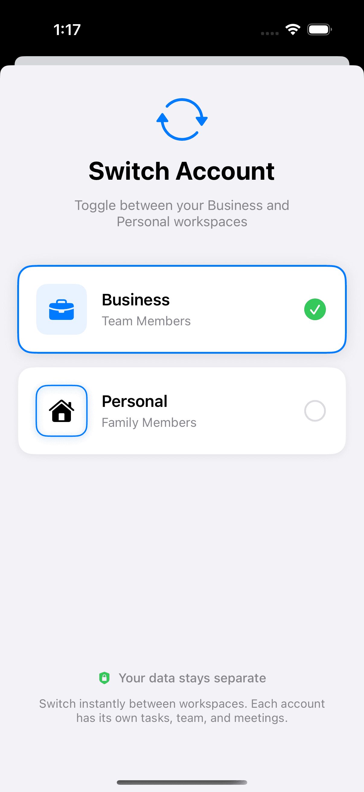 ThinkFlow Switch Account screen showing Business and Personal workspace options