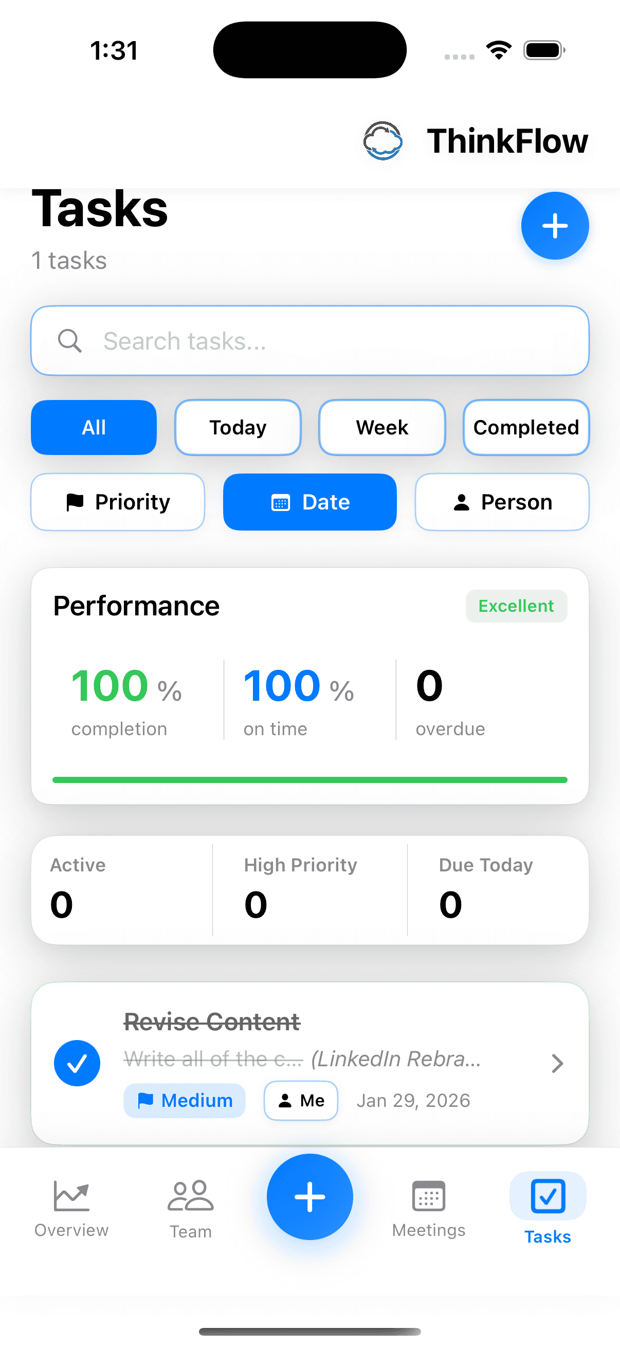 ThinkFlow Tasks screen showing performance metrics, task completion, and task list